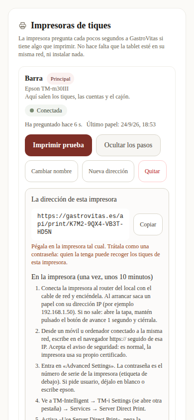 El panel con la impresora «Barra»: el piloto «Conectada», los botones «Imprimir prueba» y «Ocultar los pasos», y la caja con la dirección de la impresora y el botón «Copiar».