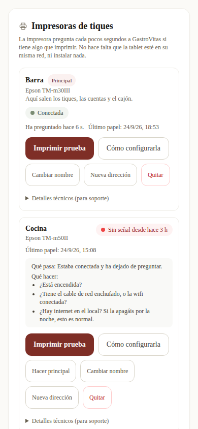 El panel con dos impresoras: «Barra» conectada y «Cocina» sin señal desde hace 3 horas, con lo que pasa y lo que hacer.