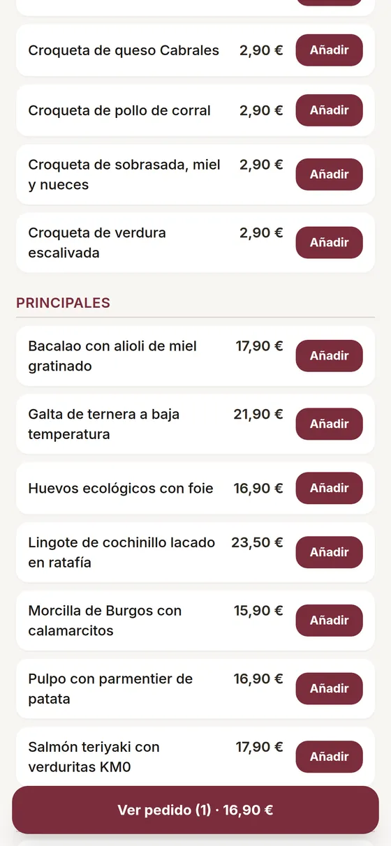 Pedido desde el m&oacute;vil en la carta QR