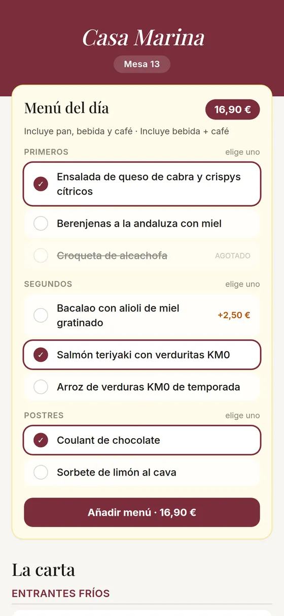 Carta QR en el m&oacute;vil con el men&uacute; del d&iacute;a