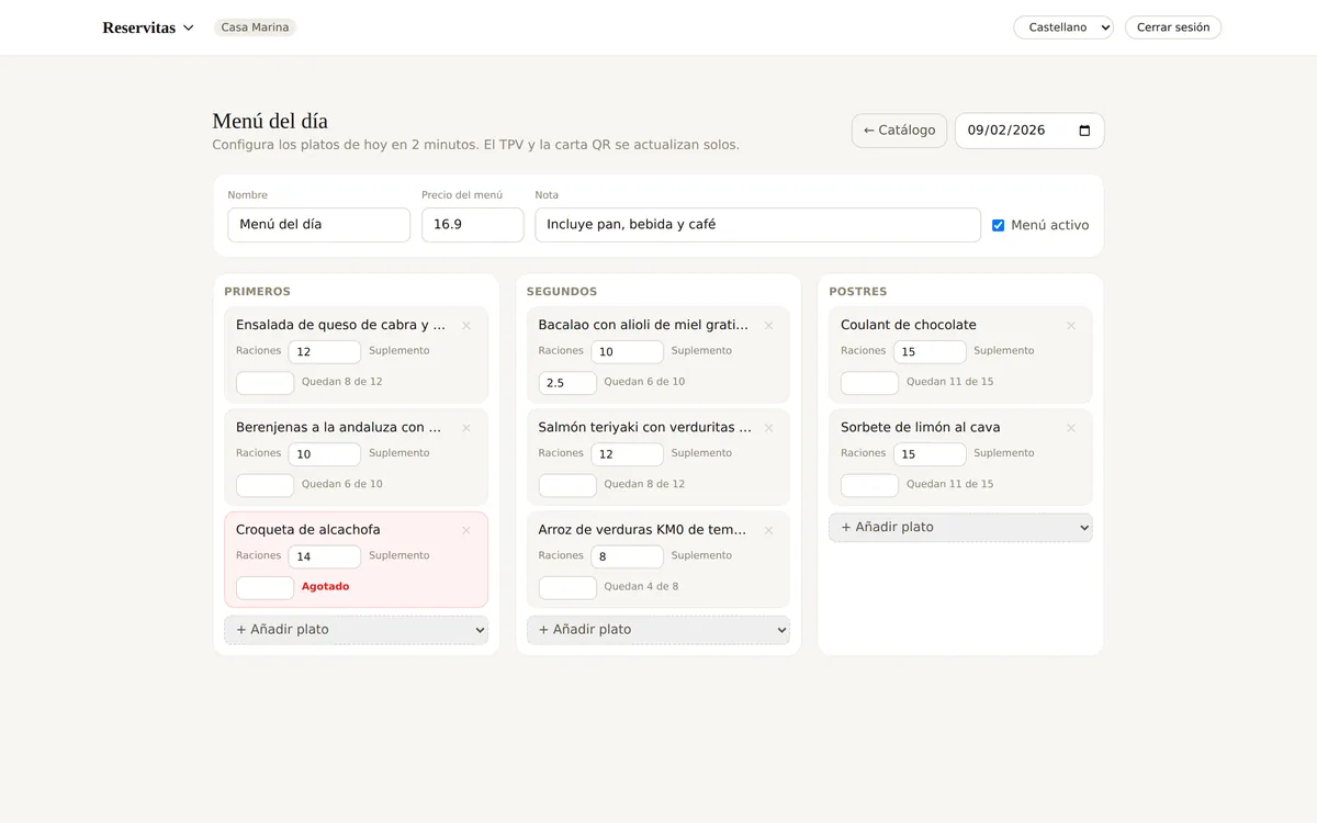 Pantalla del men&uacute; del d&iacute;a con los platos y las raciones