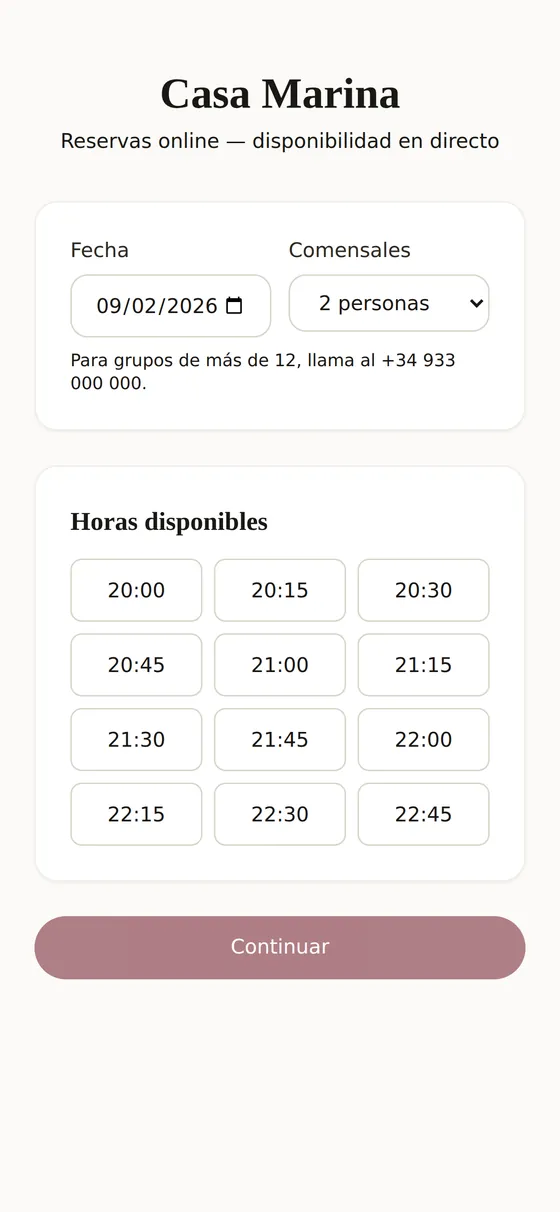 P&aacute;gina p&uacute;blica de reservas del restaurante en el m&oacute;vil