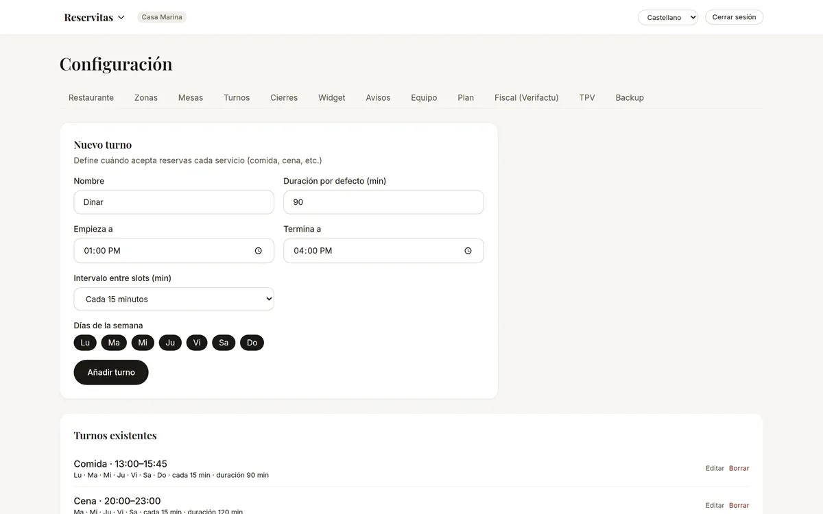 Configuraci&oacute;n de turnos y horarios del restaurante